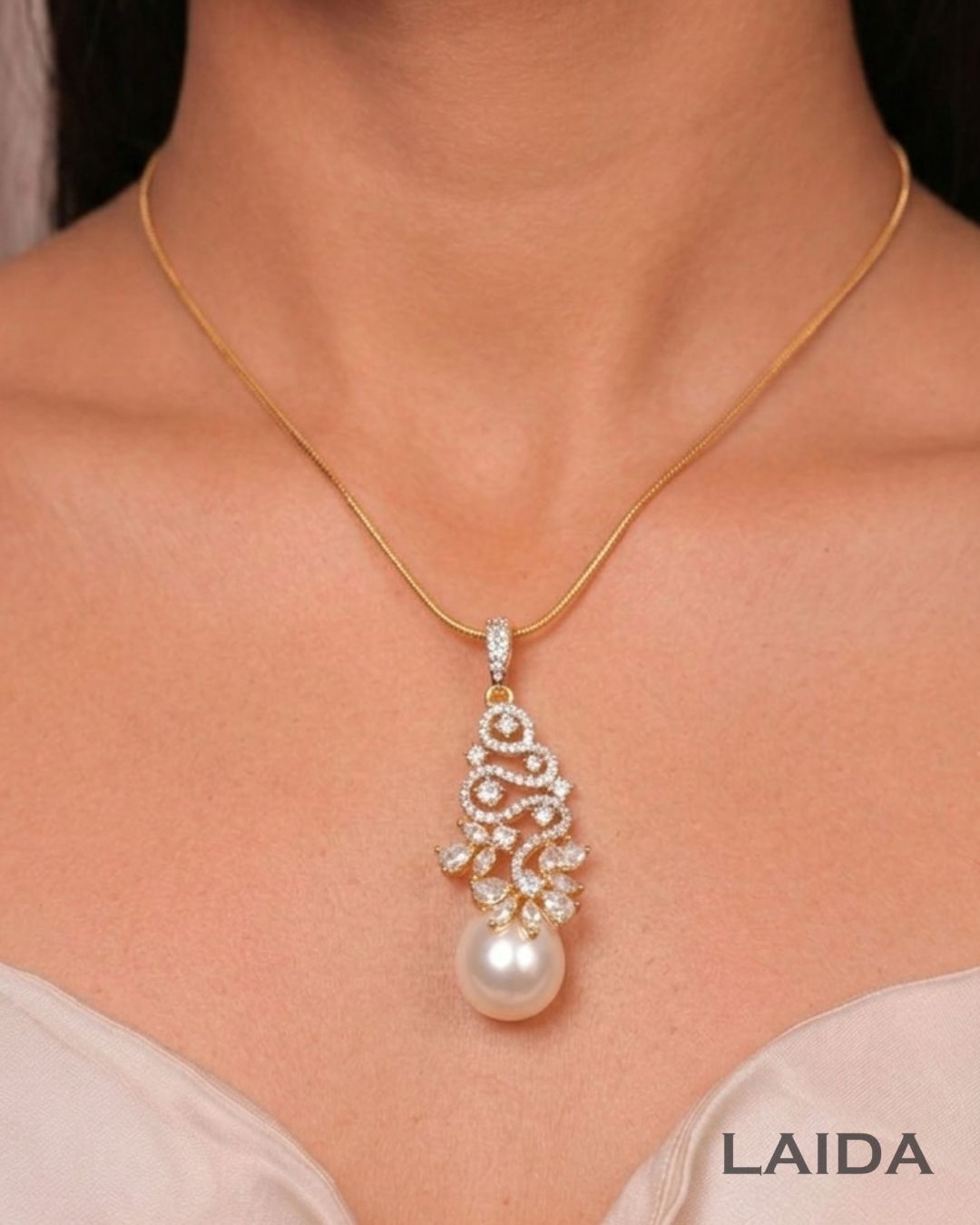 Zarika Pearl 18K Gold Plated American Diamond Pendant Set