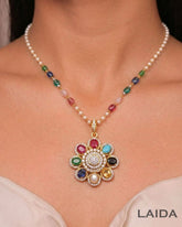Navratan 18K Gold Plated American Diamond Pendant Set