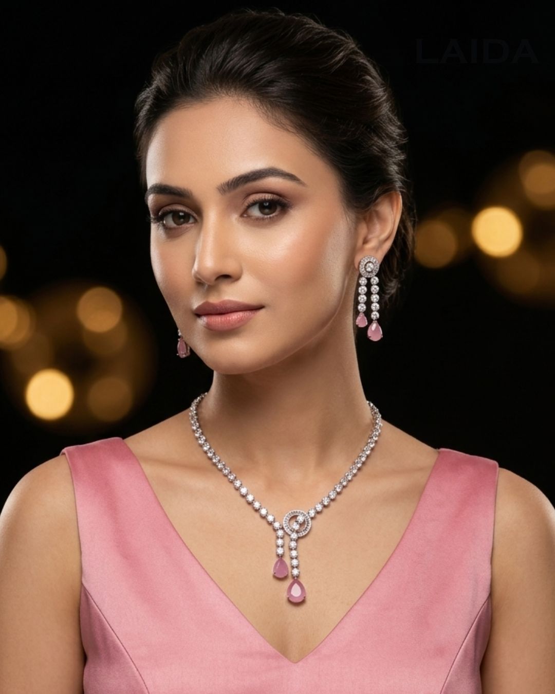 Veronica Pink American Diamond Necklace Set