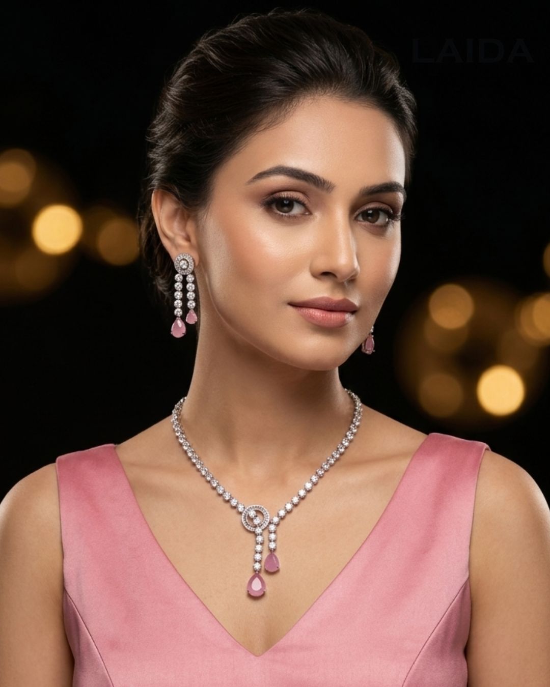 Veronica Pink American Diamond Necklace Set