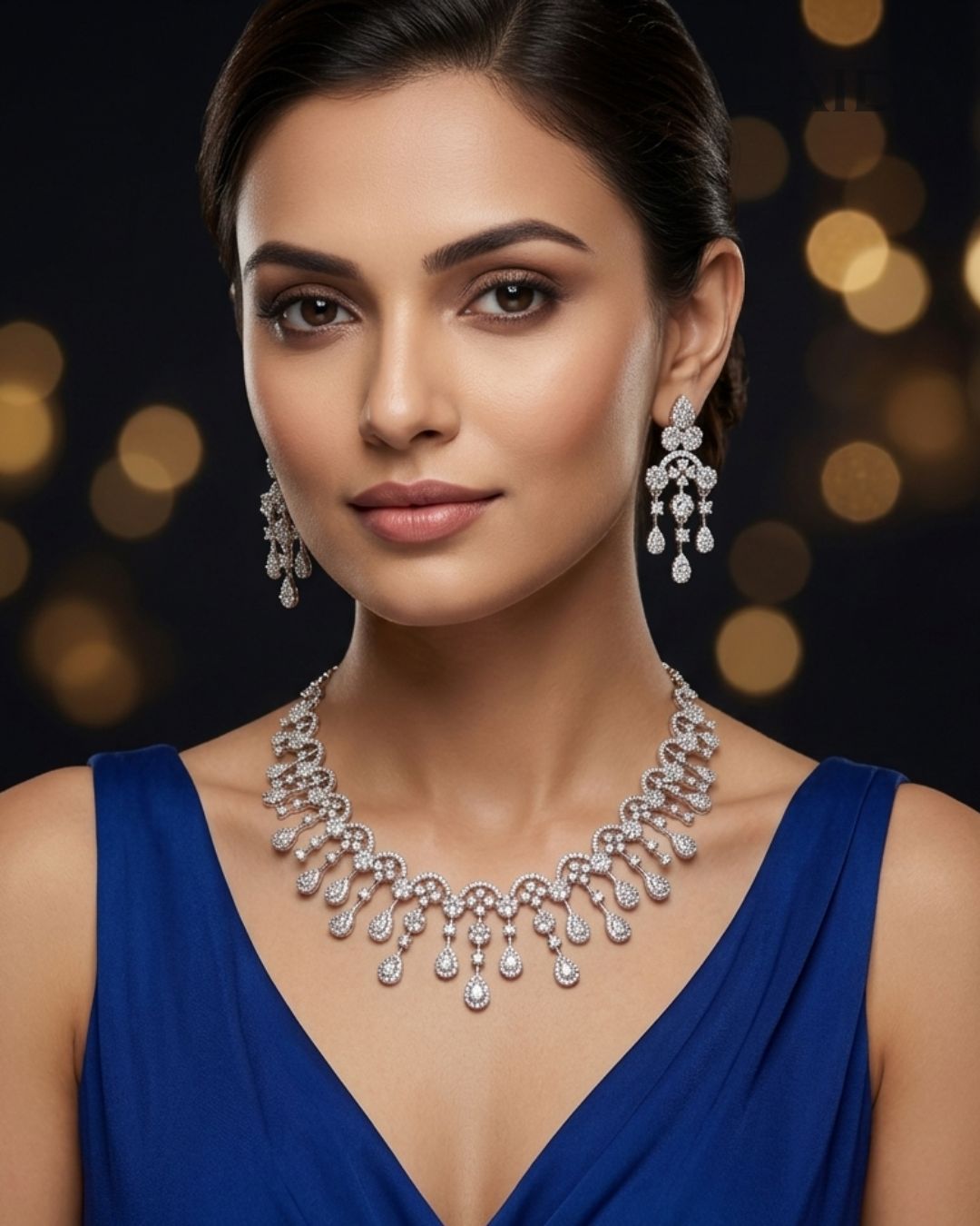 Silver Statement American Diamond Necklace Set