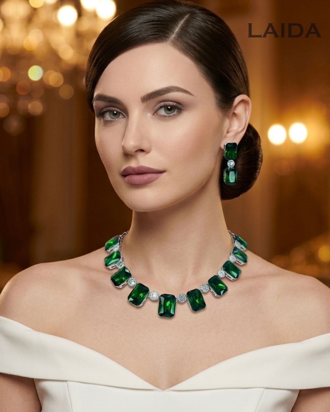 Statement Emerald Green American Diamond Necklace Set