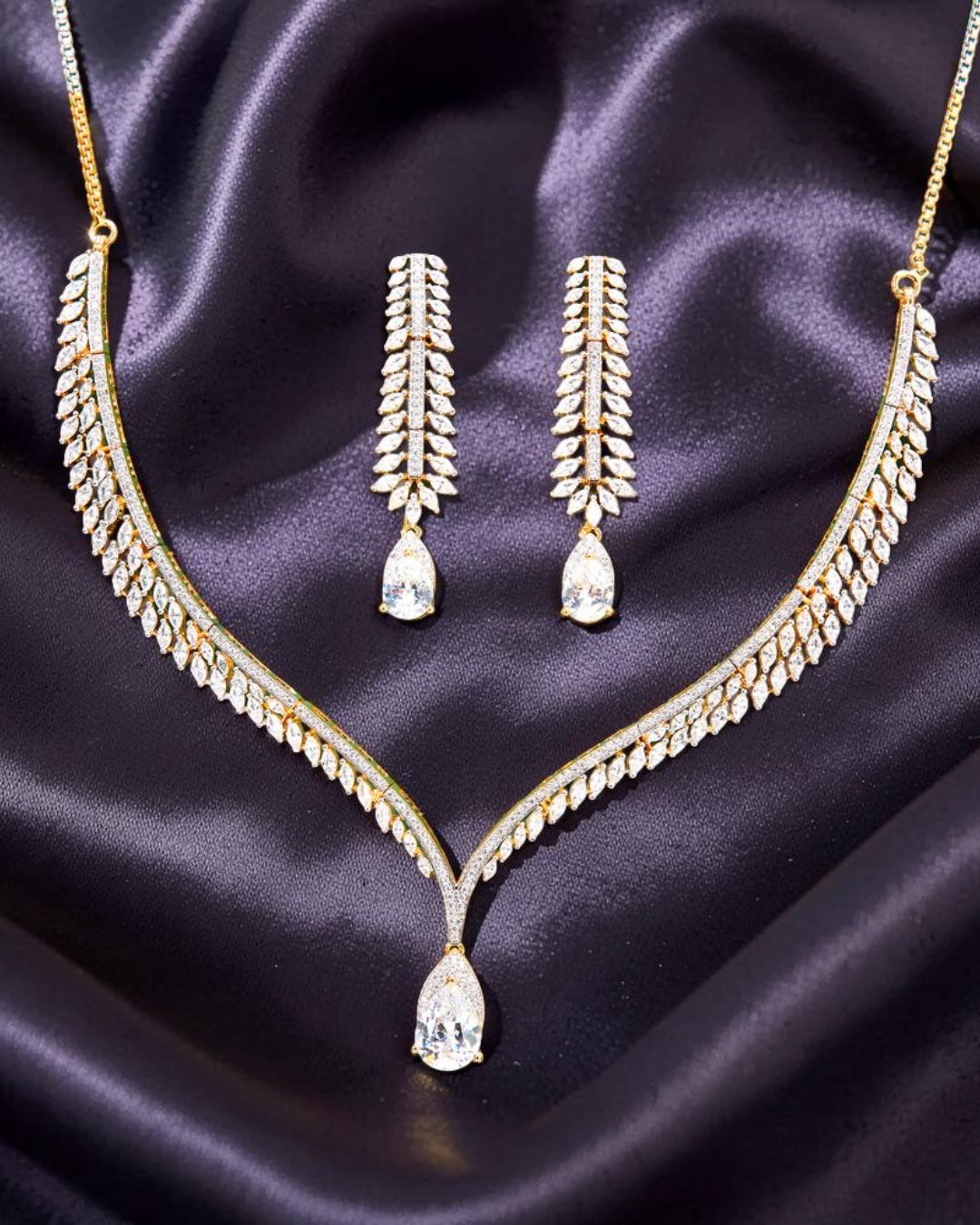 Grace White 18K Gold Plated American Diamond Necklace Set