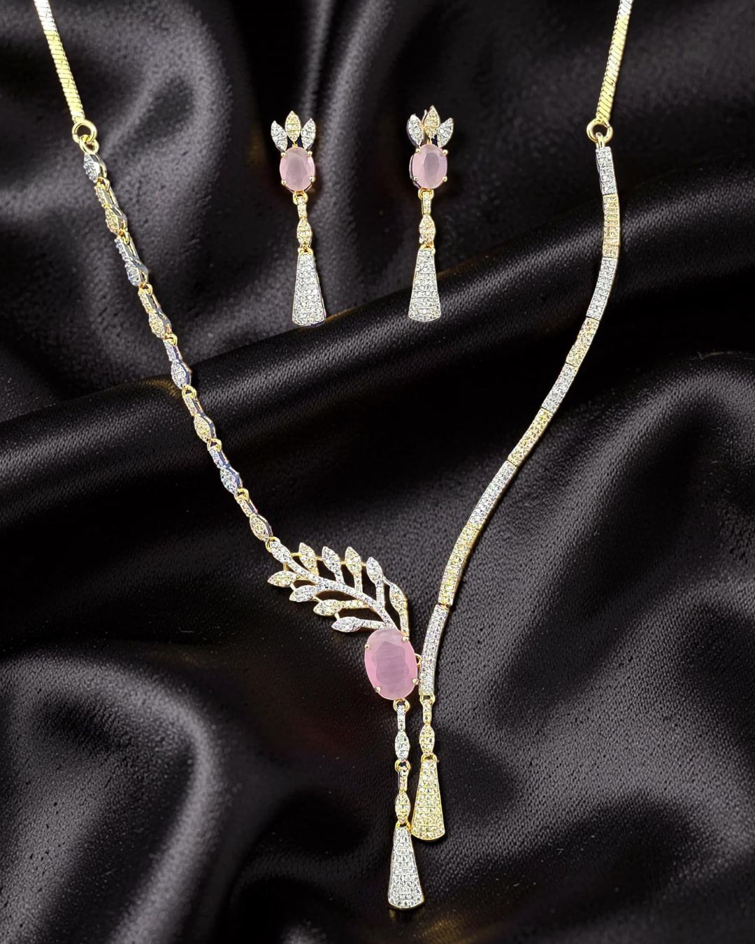Zoe Pink 18K Gold Plated American Diamond Necklace Set