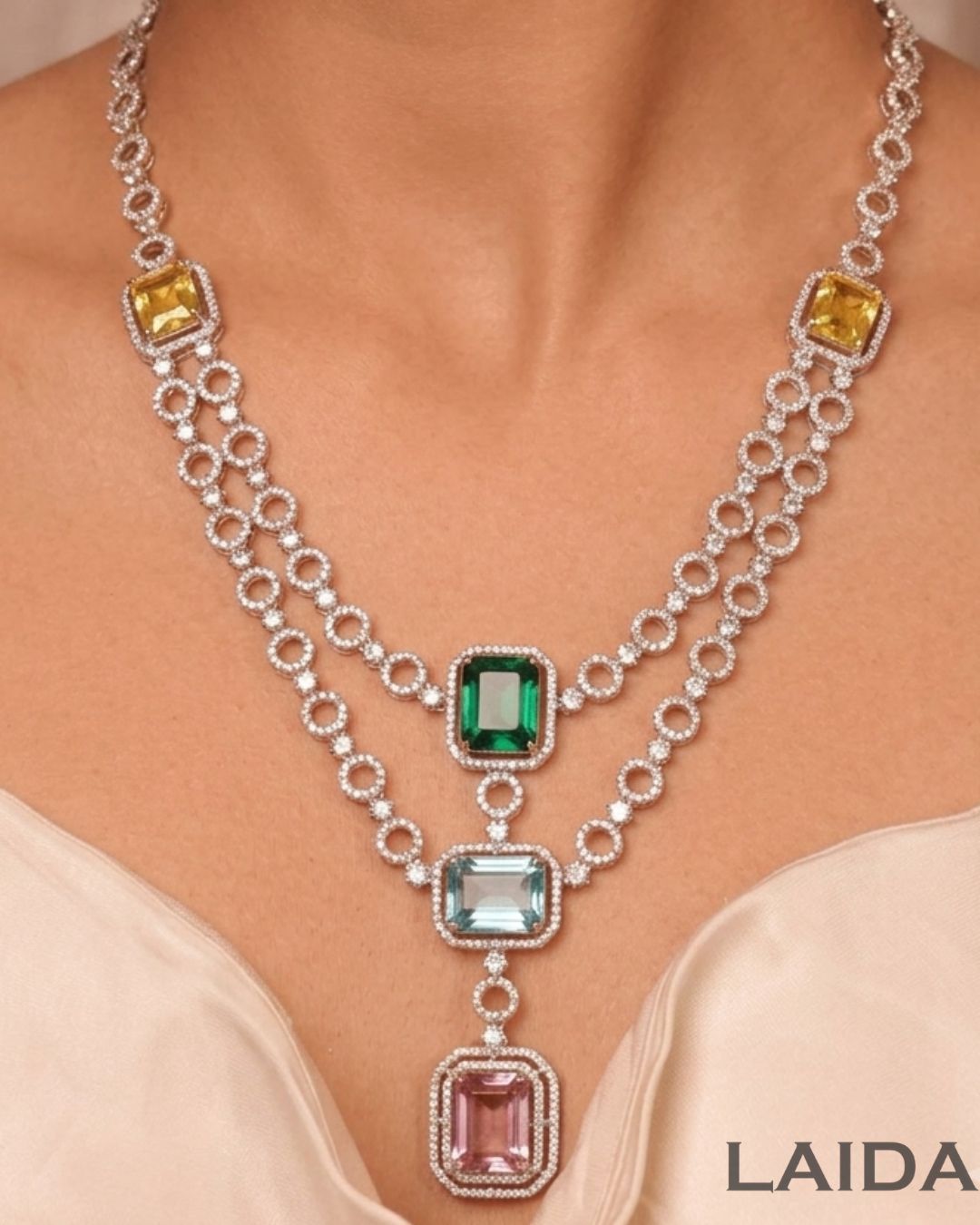 Faye Multi colored CZ Designer Neckalce Set
