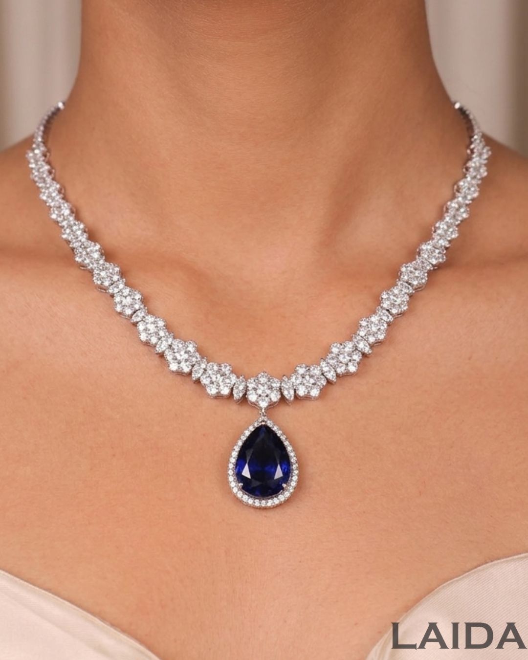 Eva Sapphire Blue CZ Designer Neckalce Set