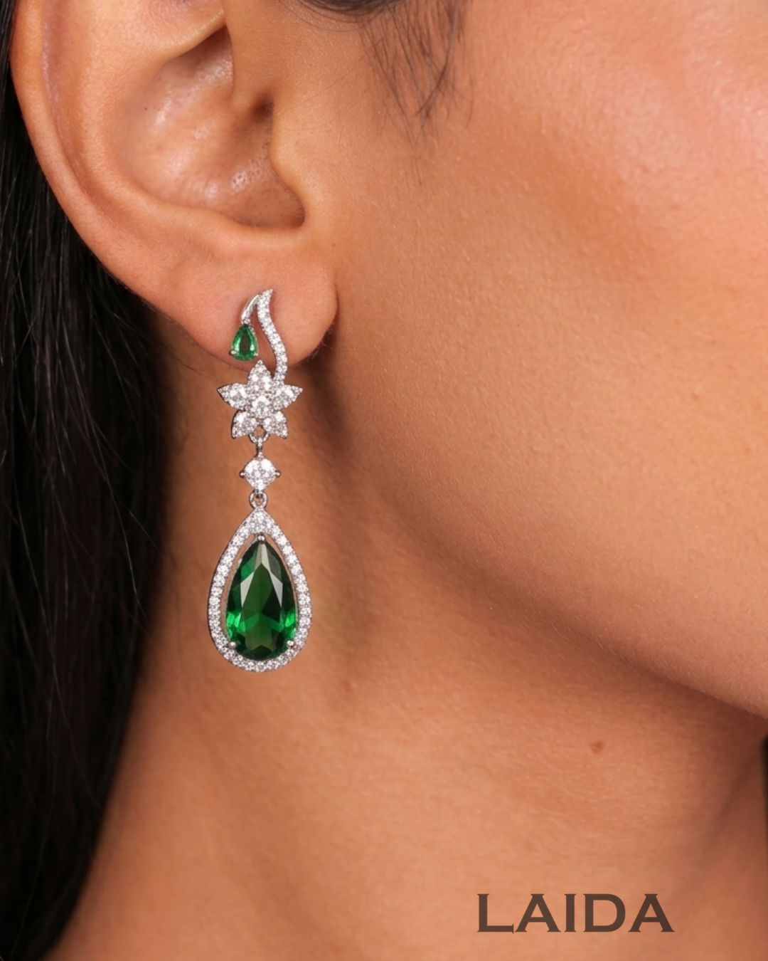 Emerald Green Floral Garden American Diamond Necklace Set