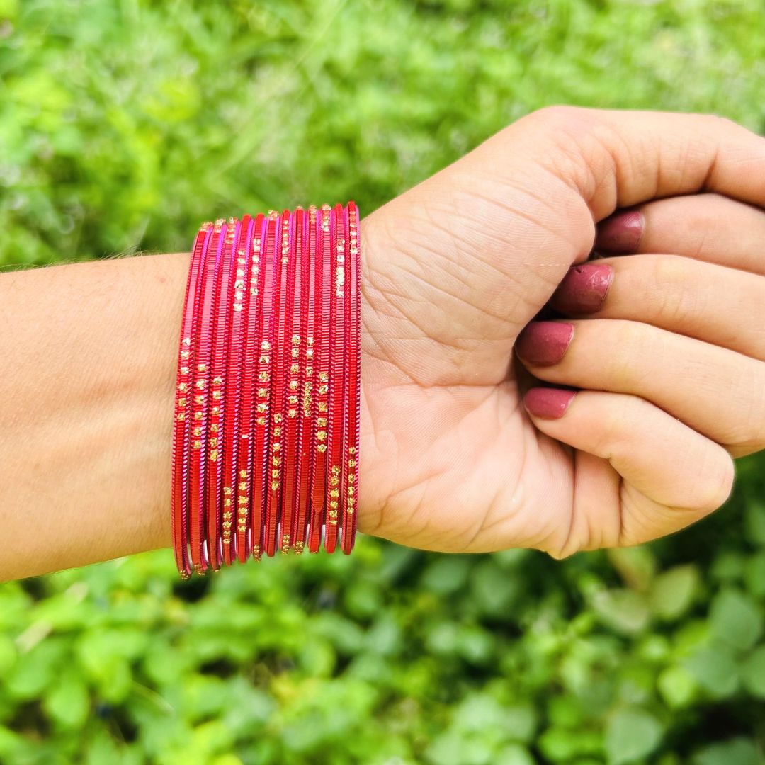 Chandni AD Gold Stone Studded 36 Red Bangles