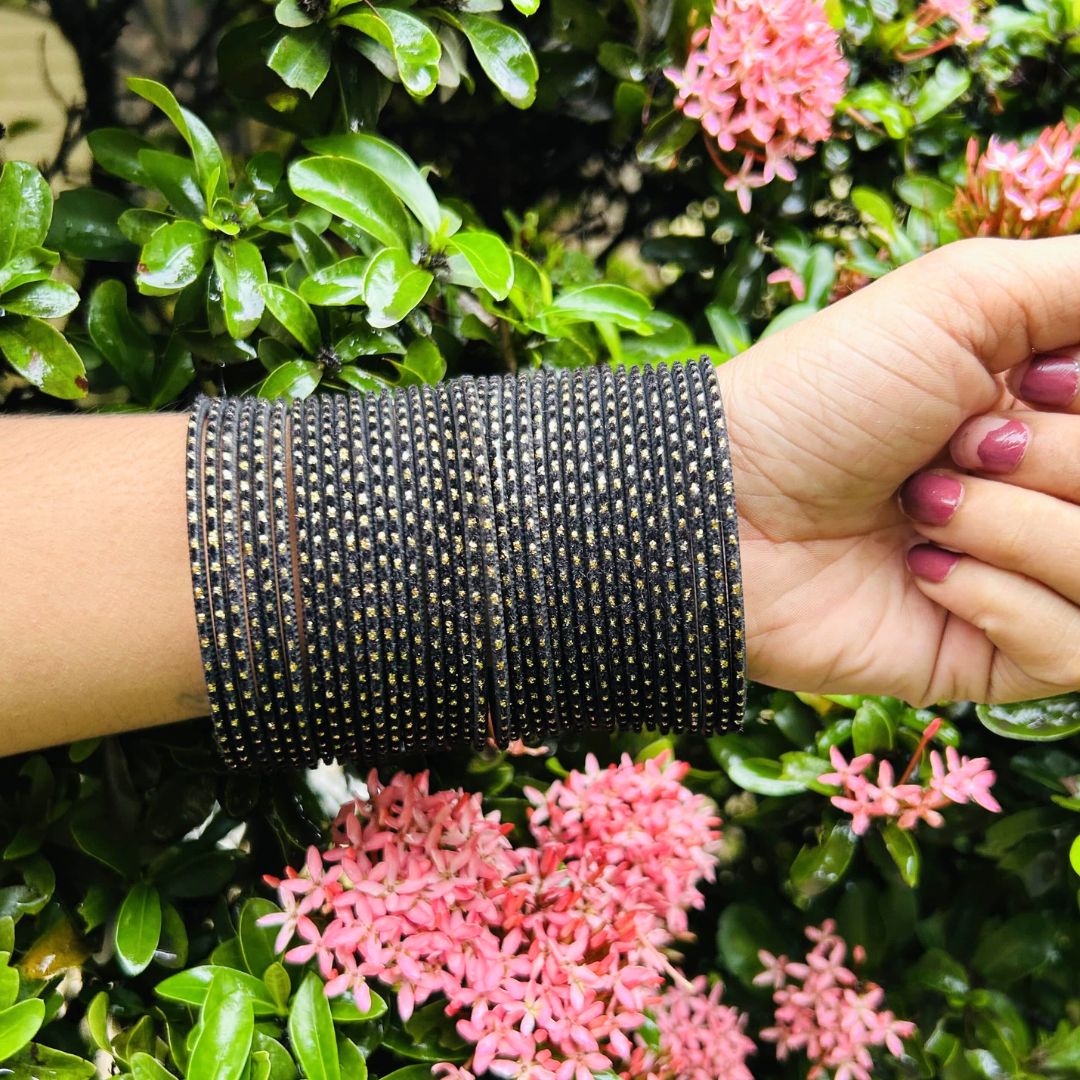 Chandni AD Gold Stone Studded 36 Black Bangles