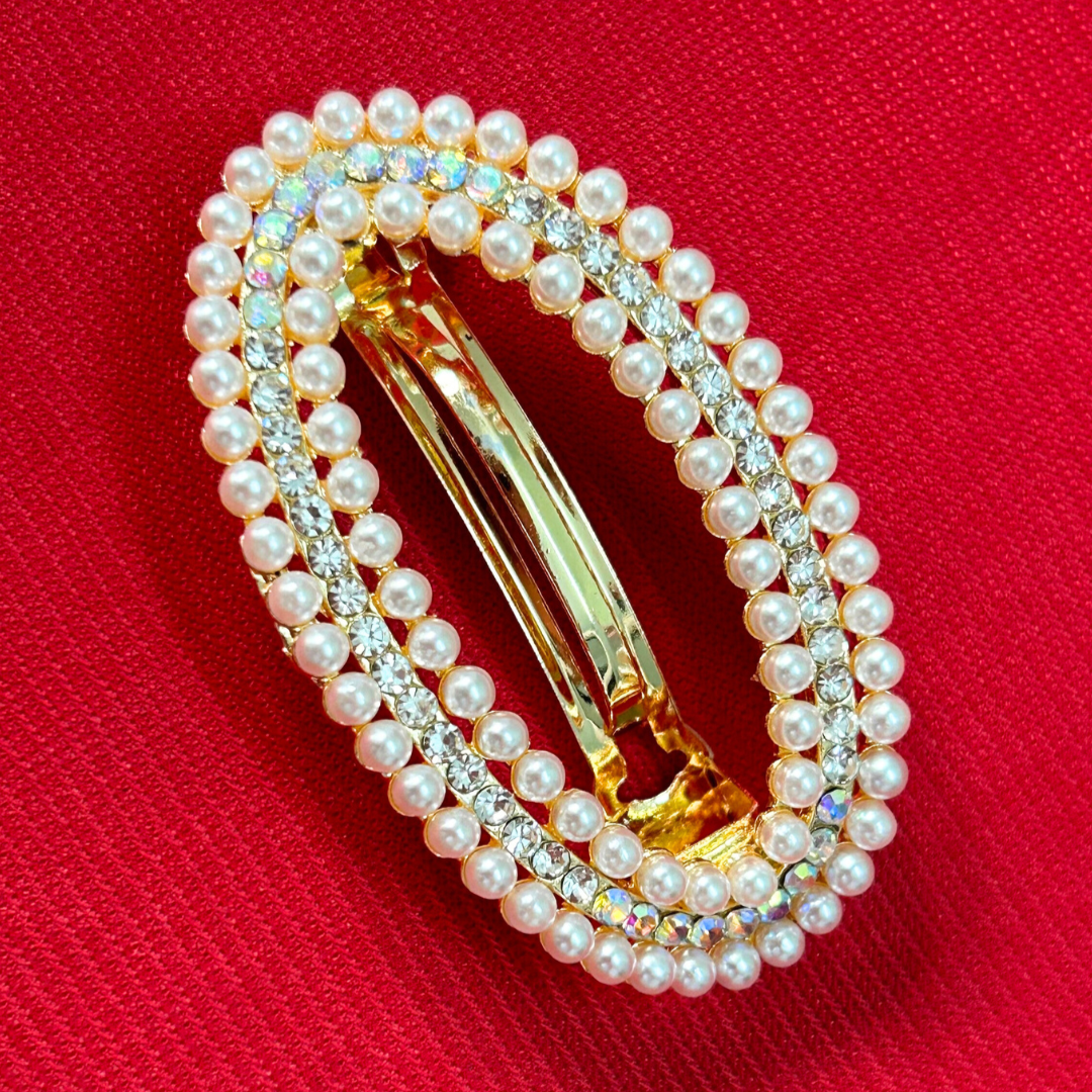 Women Pearl Embellished Oval Barettes