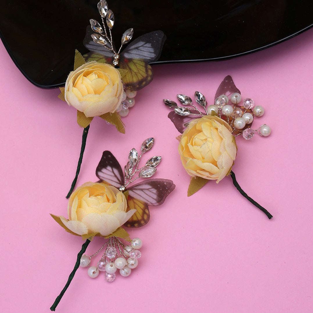 Set of 3 Yellow Floral Hair Clips - Yellow Floral with Stone and Pearl work