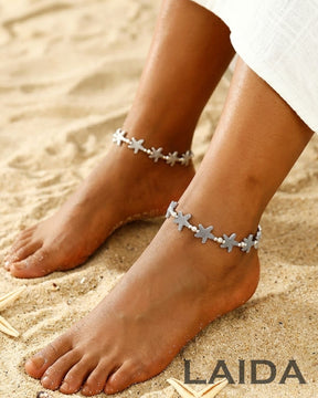 LAIDA Set of 2 German Silver Silver-Plated Starfish Oxidised Anklet