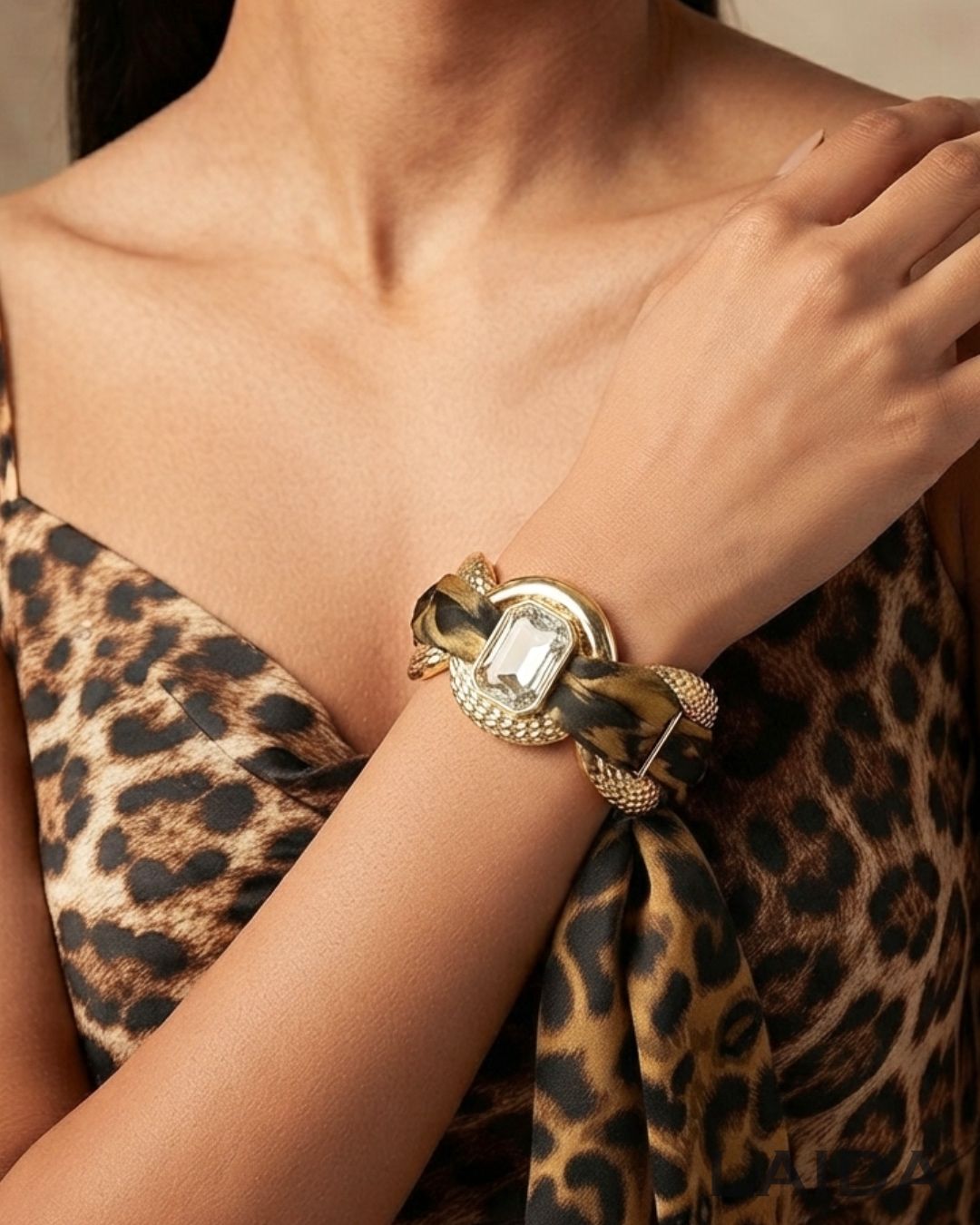 Golden Animal Print Silver Rhinestone Scarf Bracelet