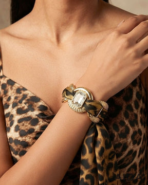 Golden Animal Print Silver Rhinestone Scarf Bracelet