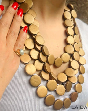 Golden Multi Layered Wooden Charm Necklace