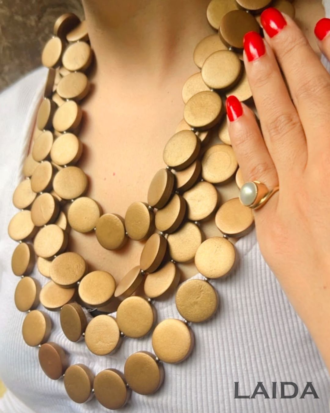 Golden Multi Layered Wooden Charm Necklace