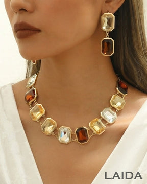 Multi Retro Crystal Statement Necklace With Earrings