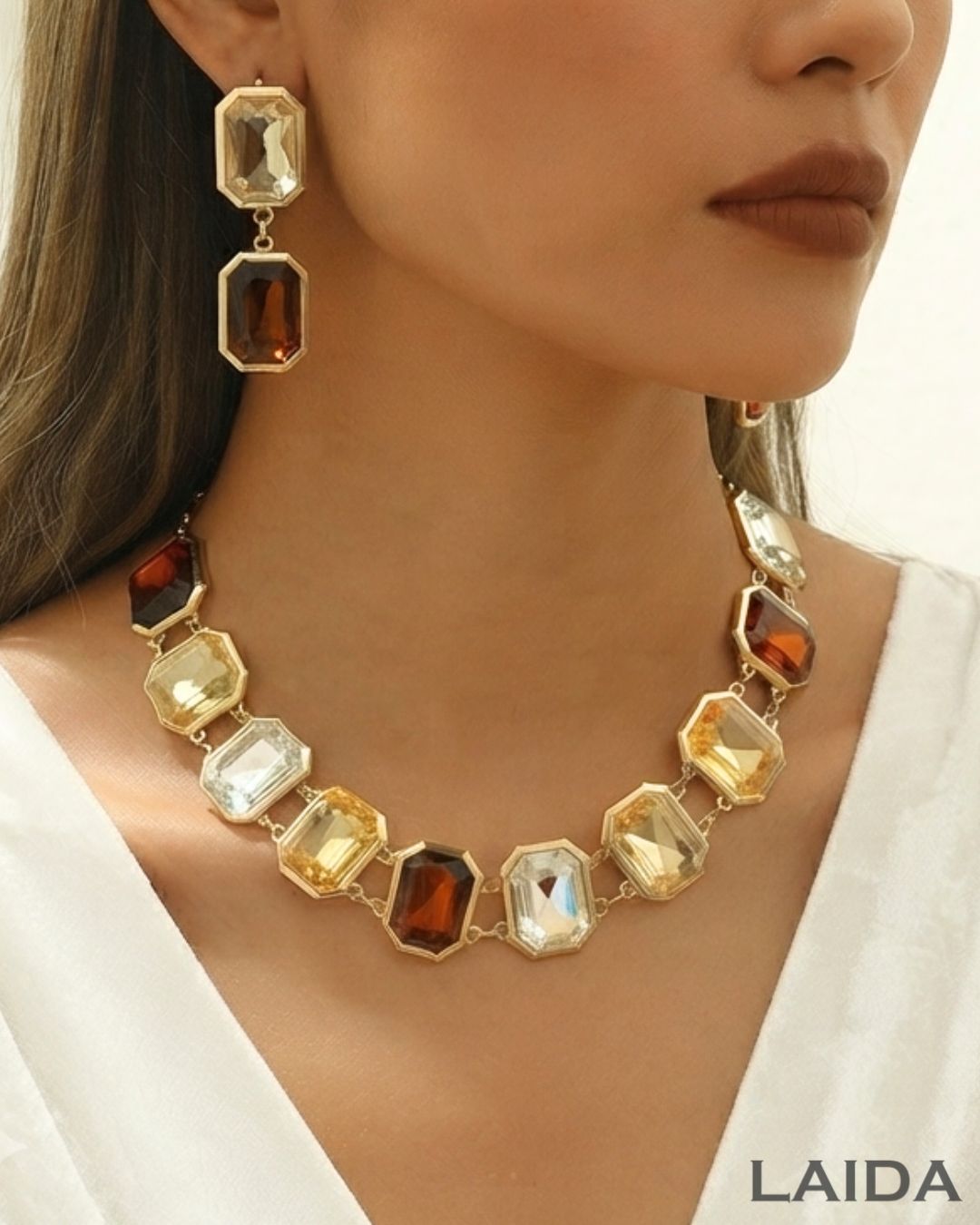 Multi Retro Crystal Statement Necklace With Earrings