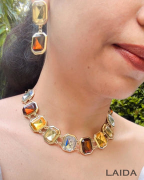 Multi Retro Crystal Statement Necklace With Earrings