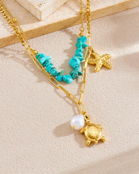 Turtel Blue Sapphire Double Layer Charm Pendant Necklace