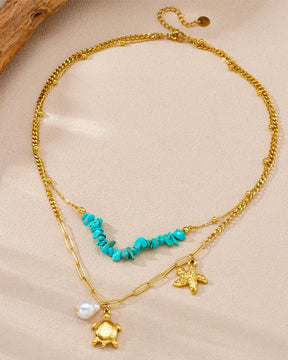 Turtel Blue Sapphire Double Layer Charm Pendant Necklace