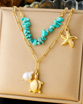 Turtel Blue Sapphire Double Layer Charm Pendant Necklace
