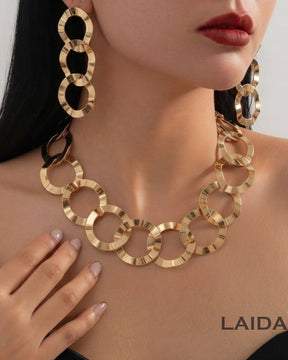 Golden Geometric Circle Statement Necklace With Earrings