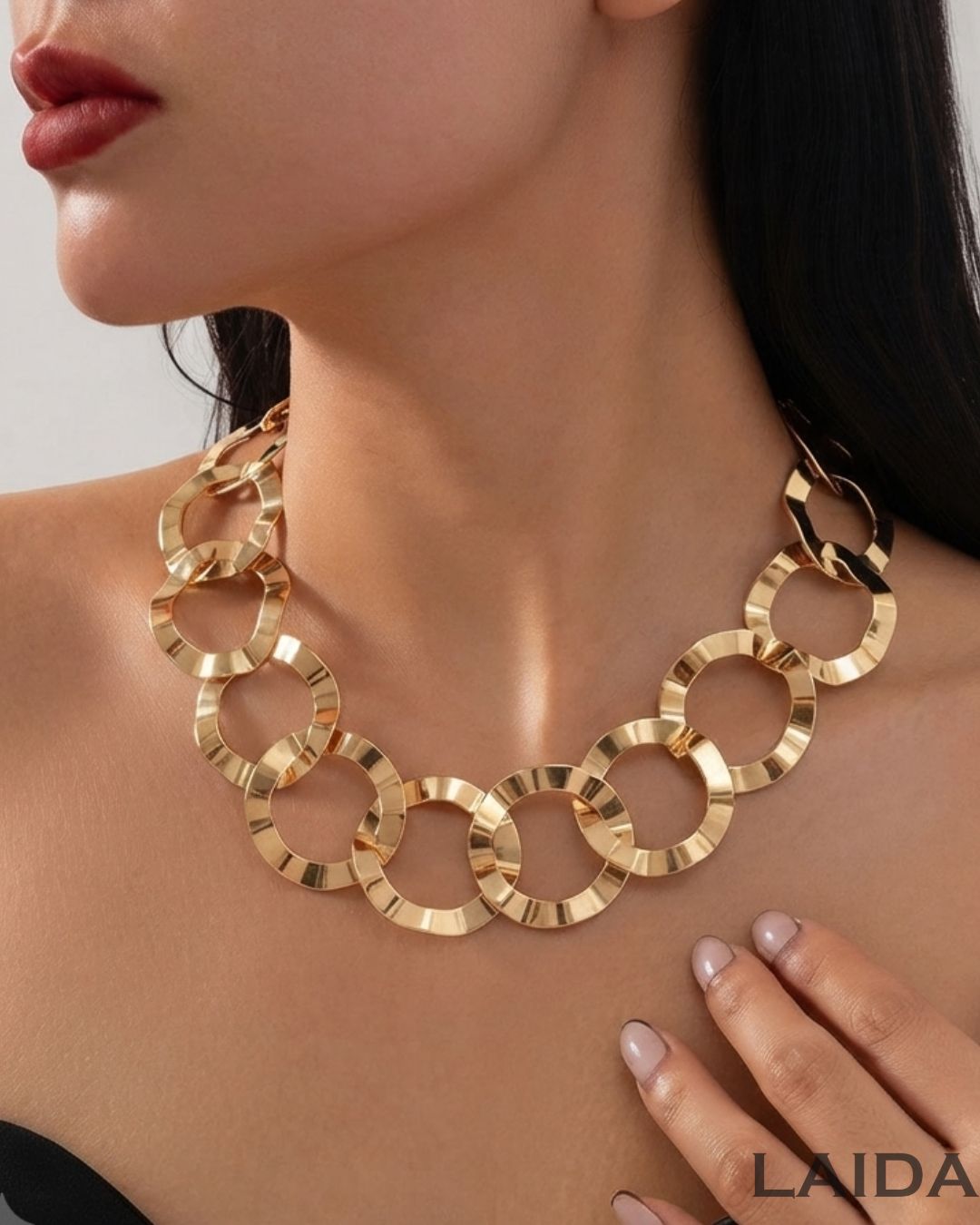 Golden Geometric Circle Statement Necklace With Earrings