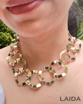 Golden Geometric Circle Statement Necklace With Earrings