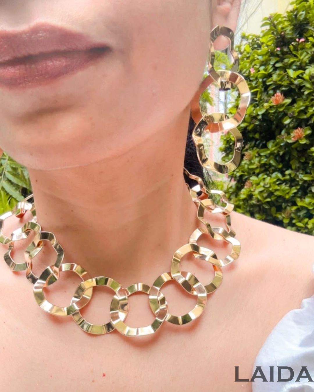 Golden Geometric Circle Statement Necklace With Earrings