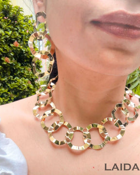 Golden Geometric Circle Statement Necklace With Earrings