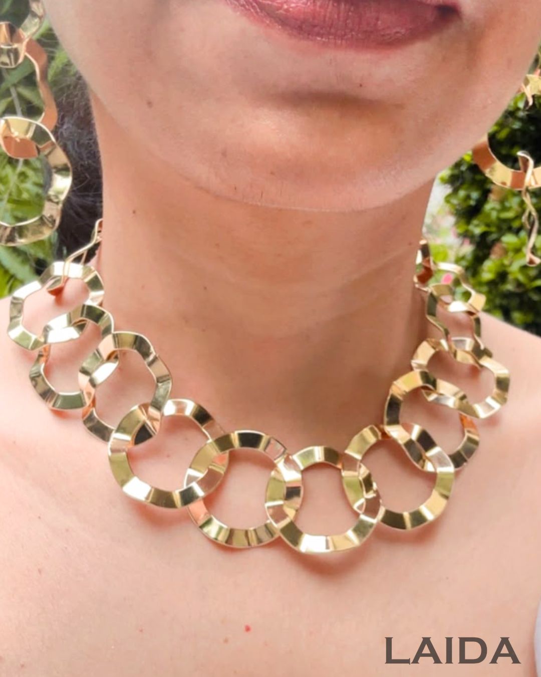Golden Geometric Circle Statement Necklace With Earrings