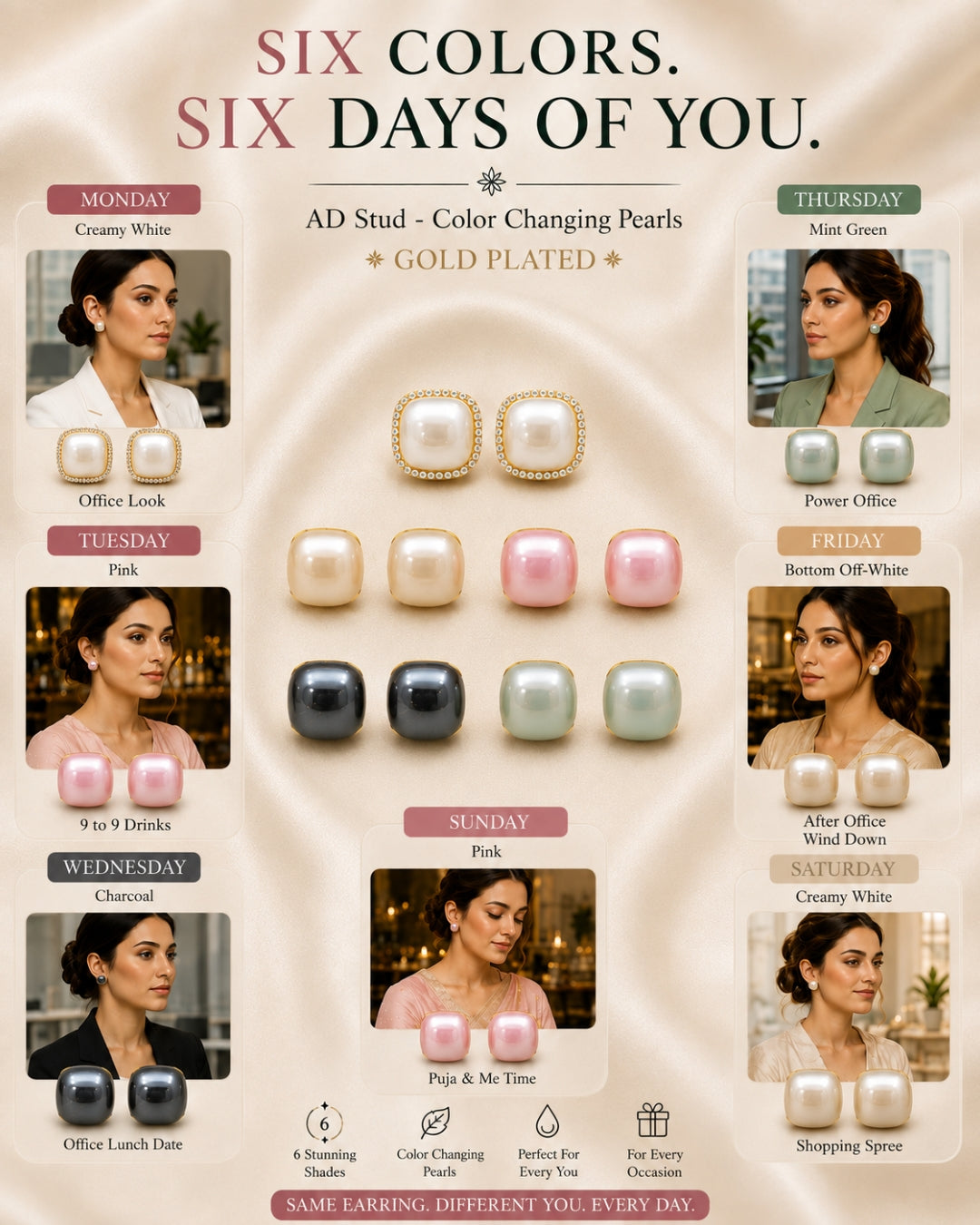 Gold-Plated AD Color Changeable Pearl Stud Earrings Pack Of-6