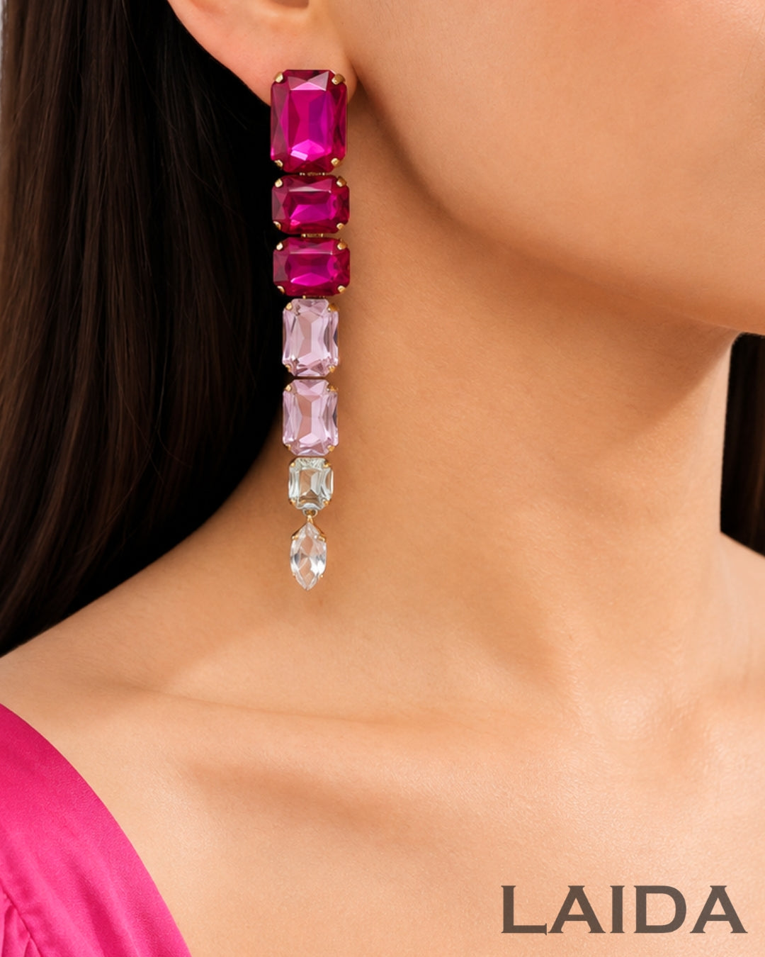 Fuschia Pink Rhinestone Drop Earrings