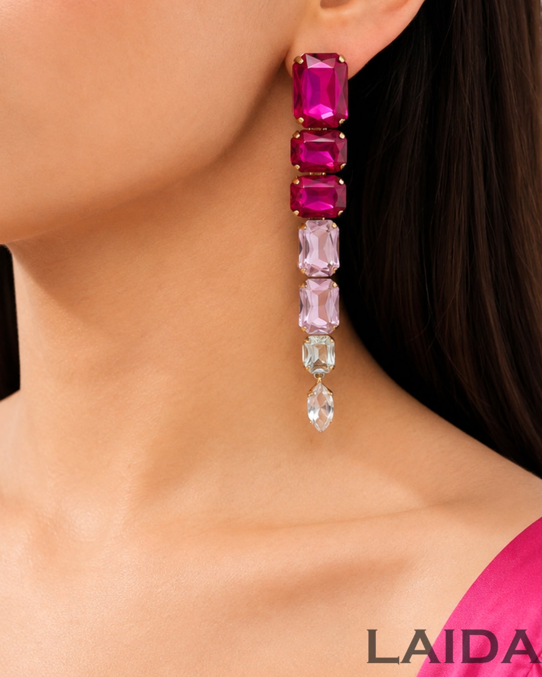 Fuschia Pink Rhinestone Drop Earrings