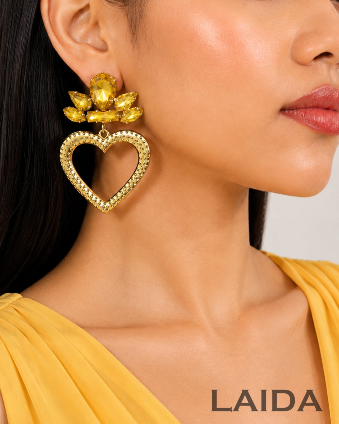 Crystal Rhinestone Yellow Heart Drop Earrings