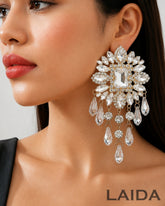 Flower Silver Glass Bead Tassel Drop Earrings