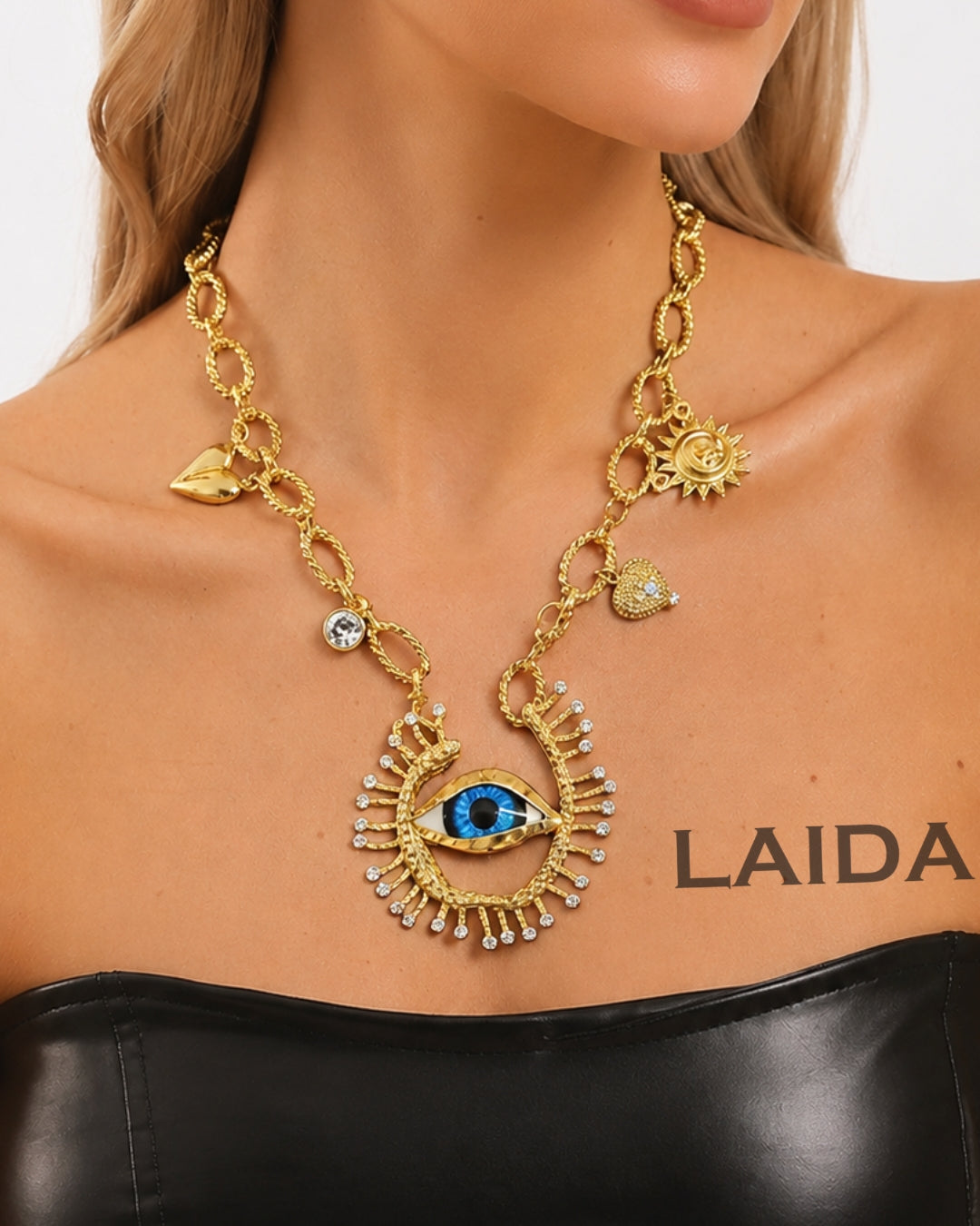 Crystal Rhinestone Resin Evil Eye Charm Pendant Necklace