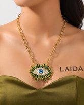 Vintage Olive Gren Resin Blue Evil Eye Pendant Necklace