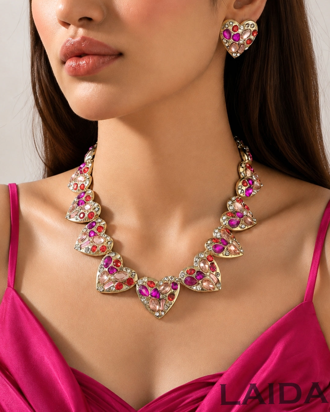 Multi Crystal Heart Necklace With Earrings