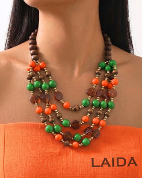 Multi- Layered Dual Tone Bead Wooden Necklace