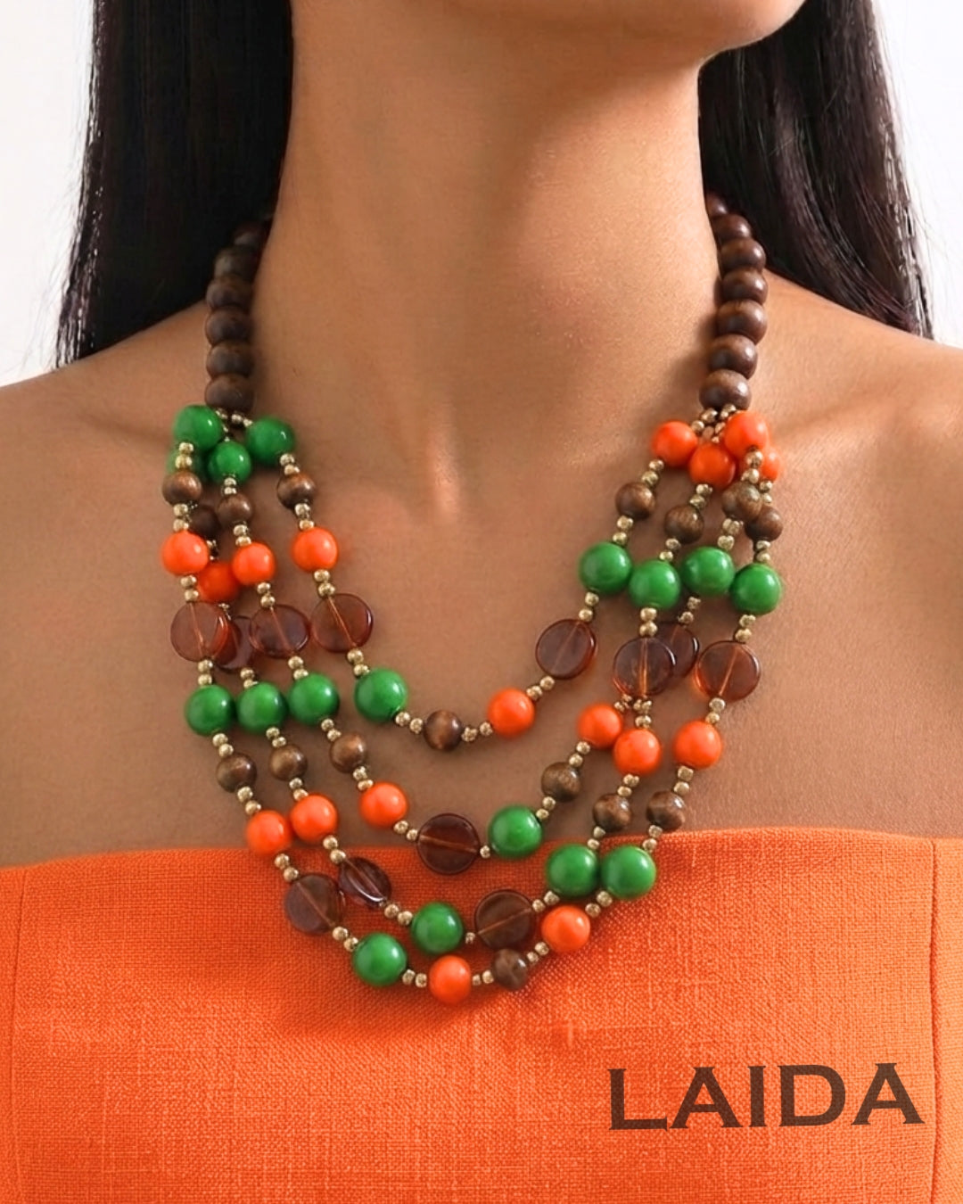 Multi- Layered Dual Tone Bead Wooden Necklace