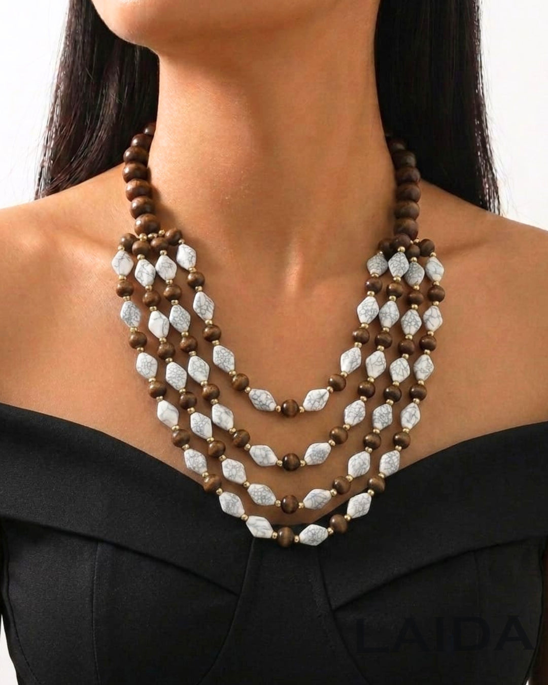 Multi- Layered White Resin Bead Wooden Necklace