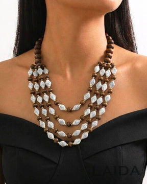 Multi- Layered White Resin Bead Wooden Necklace