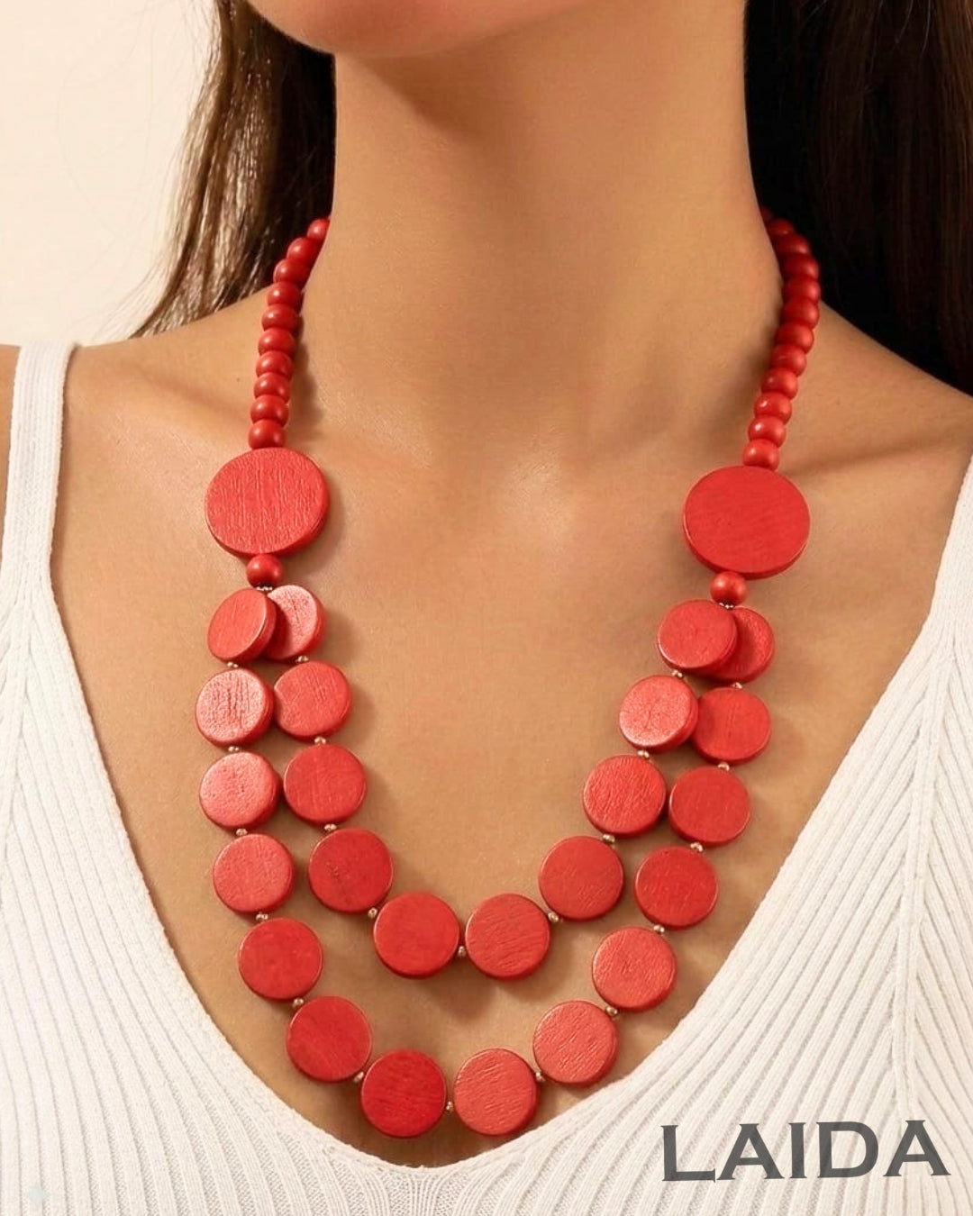 Two - Layered Red Wooden Necklace