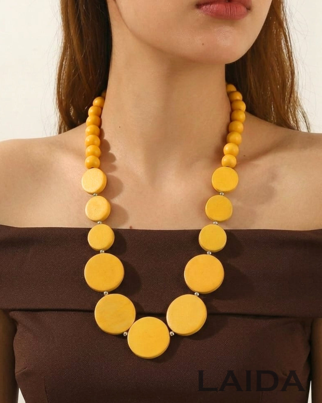 Single - Layered Yellow Chic Wooden Necklace