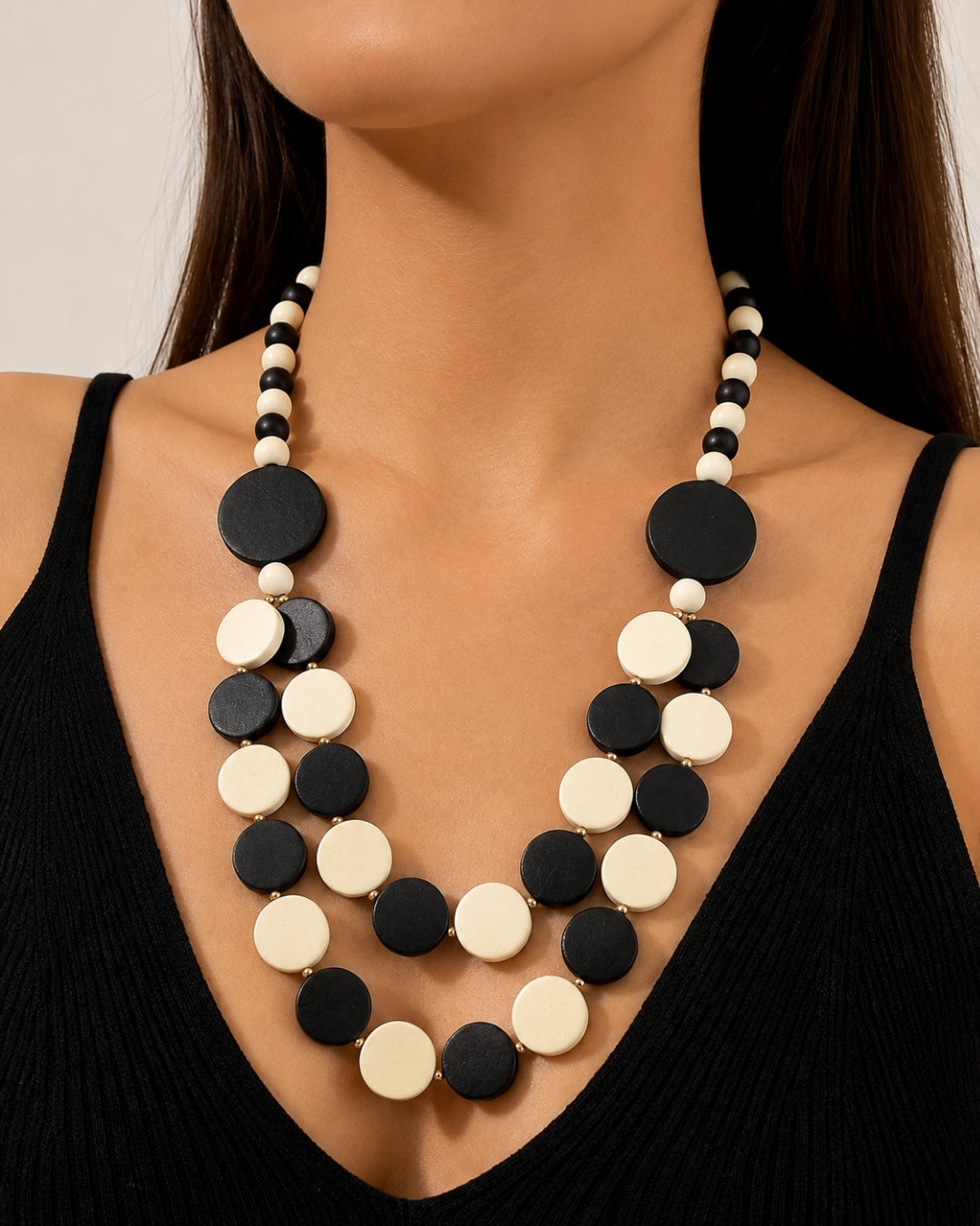 Two - Layered Black And White Wooden Necklace