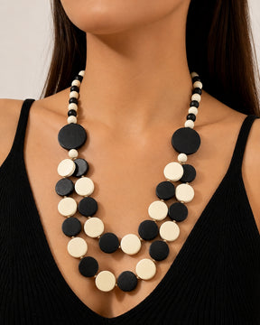 Two - Layered Black And White Wooden Necklace