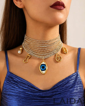 Retro Rhinestone Resin Blue Evil Eye Charm Choker Necklace