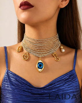 Retro Rhinestone Resin Blue Evil Eye Charm Choker Necklace